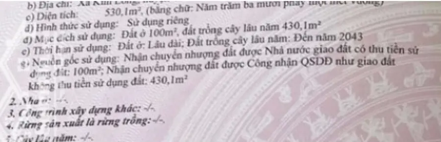 Cần bán lô đất rộng rãi tại Kim Long, Châu Đức. Với diện tích 530m và 100m thổ cư