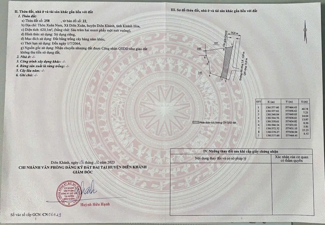 Bán nhanh lô đất thôn Xuân Nam - Diên Xuân DT 620m2 đường betong 6m giá siêu tốt chỉ 295tr