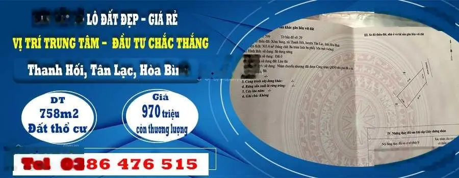 Bán cắt lỗ lô đất đẹp, giá rẻ tại thanh hối, tân lạc, hoà bình - mua là thắng