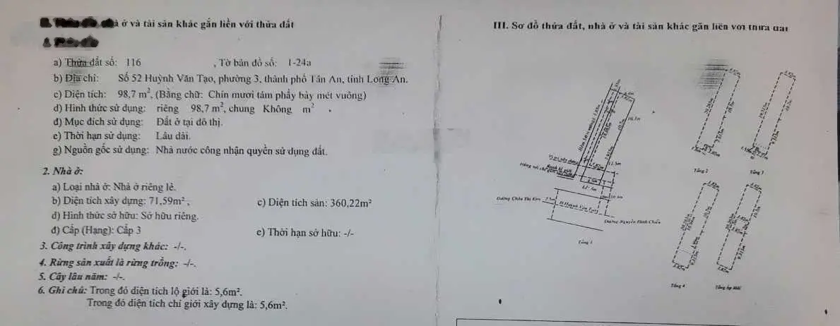 Bán nhà chính chủ giá 7 tỷ đồng; diện tích 103,5m2; mặt tiền đường Huỳnh Văn Tạo, P. 3, TP. Tân An