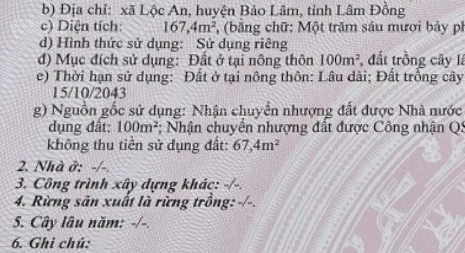 Bán đất Lộc An - Bảo Lộc 167m2 (thổ cư 100m2), cách QL20 4km, đường nhựa, ô tô né nhau. Sổ riêng