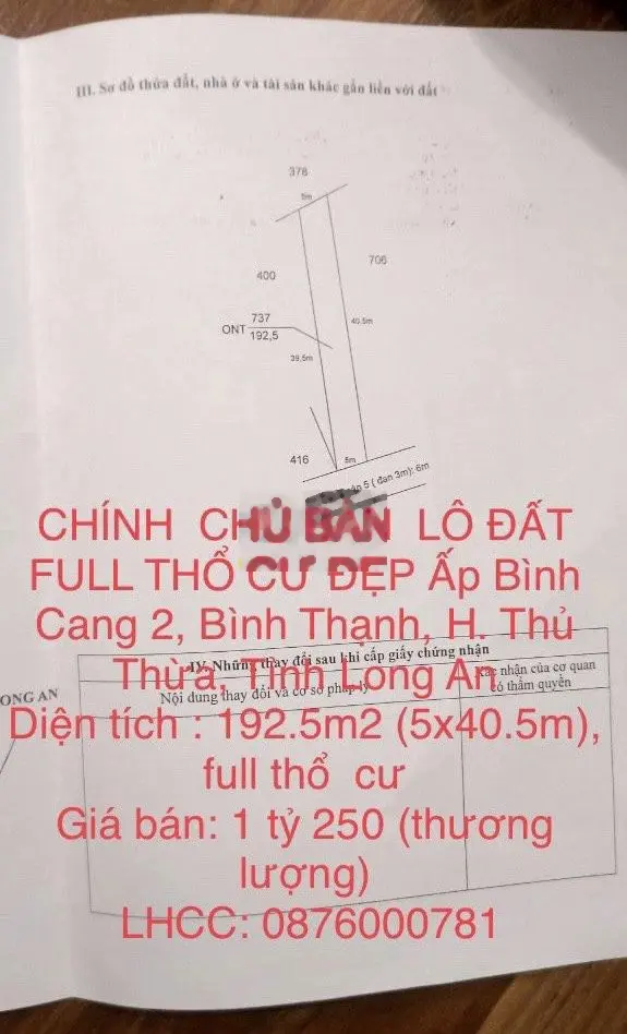 CHÍNH CHỦ BÁN ĐẤT FULL THỔ CƯ Bình Thạnh, H. Thủ Thừa, Tỉnh Long An