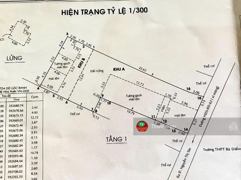 Bán nhà cấp 4 cũ DT 327m2 sổ hồng riêng xã Bà Điểm