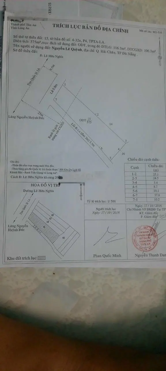 Cần bán gấp 575 m2 đất thổ hai MT Quốc Lộ 1A P4 Tân An giá: 8,5 tỷ