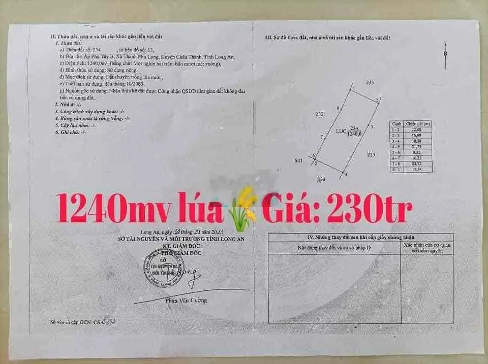 Bán đất sổ hồng sẵn diện tích 1240m2 tại xe máy, Xã Thanh Phú Long, Huyện Châu Thành, Long An, giá 230 triệu