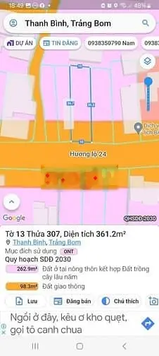 Cần bán 361m thổ cư, Mặt Tiền đường Hương Lộ 24, xã Thanh Bình