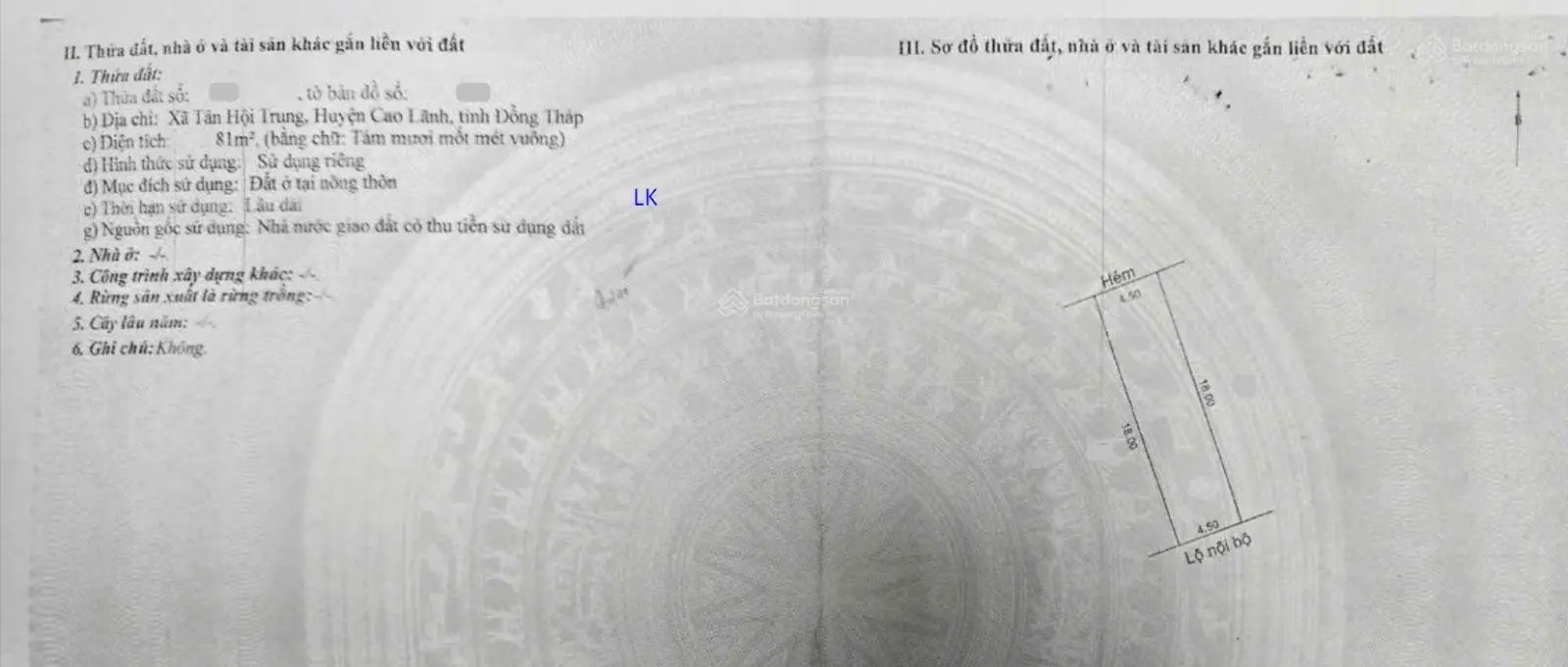 Bán nền: 81mv (4.5m x 18m, thổ 100%) KDC xã Tân Hội Trung, H Cao Lãnh