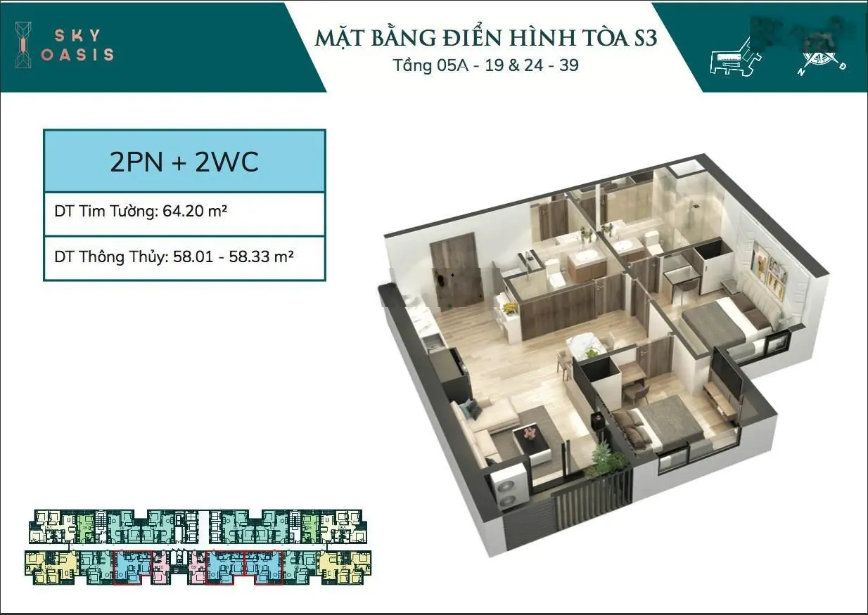 Bán CC 2PN, 2WC view đẹp tại Chung cư Sky Oasis, hướng Đông Nam, 2,85 tỷ