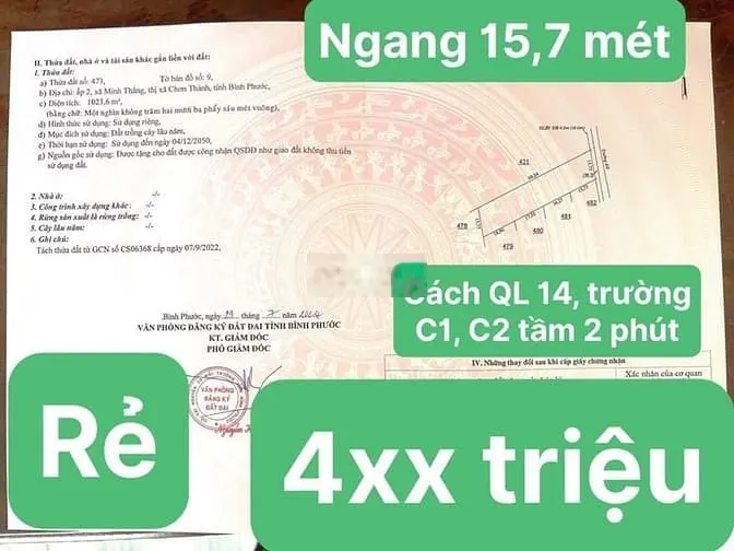 ĐẤT CHƠN THÀNH CHÍNH CHỦ GỬI: 1.000 mét thị xã Chơn Thành Bình Phước