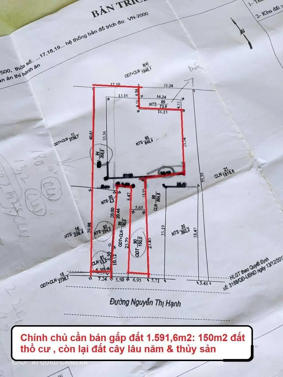 Chính chủ cần bán gấp đất 1.591,6m2 có 150m2 đất thổ cư, cây lâu năm và thủy sản còn thương lượng