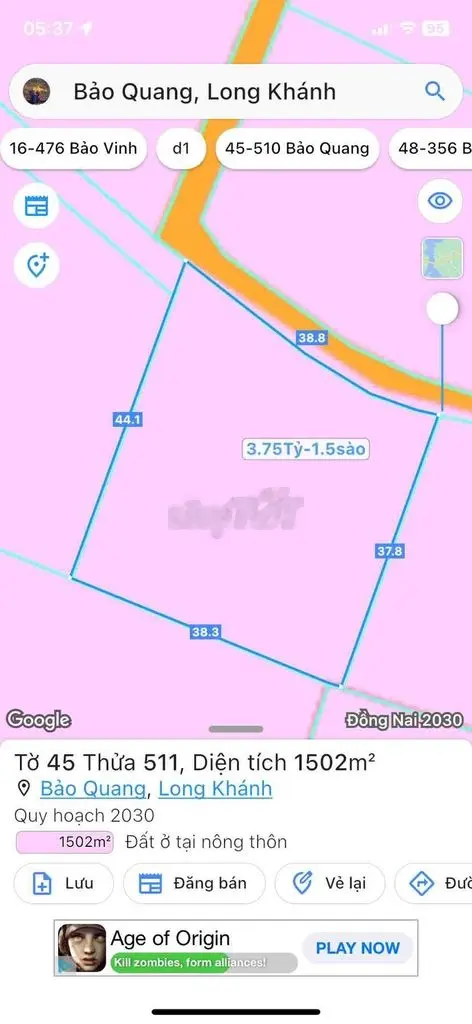 1502m2- 3.75 tỉ. VT3 Hàm Nghi, TP Long Khânh,BQ