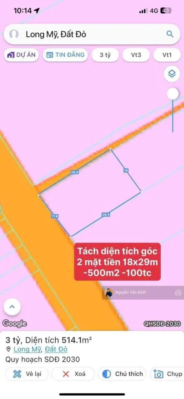 Long Mỹ, góc 2 mặt tiền nhựa, 100m2 thổ cư, 17,5x28m, ra biển 5p, giá 2tỷx