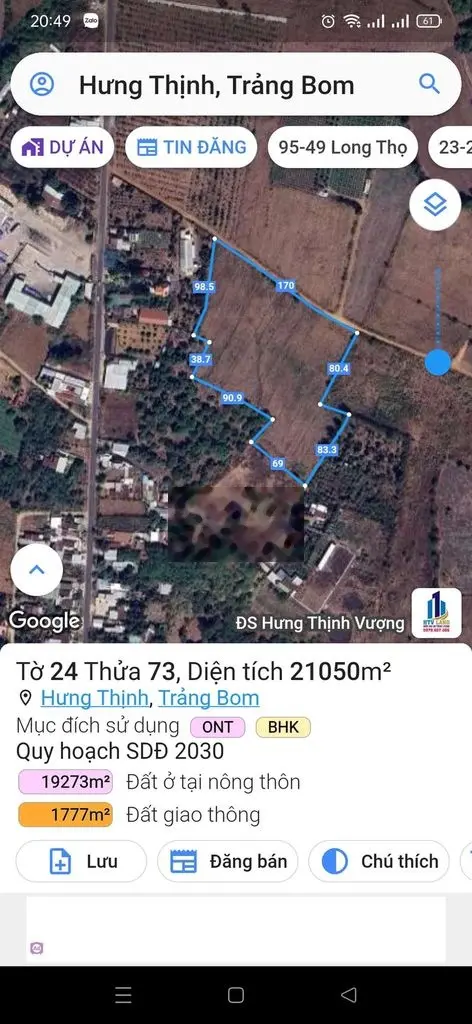 BÁN 2,1HA ĐẤT CÓ 300M2 THỔ CƯ - 170M MẶT TIỀN ĐƯỜNG - QH PHỦ HỒNG !