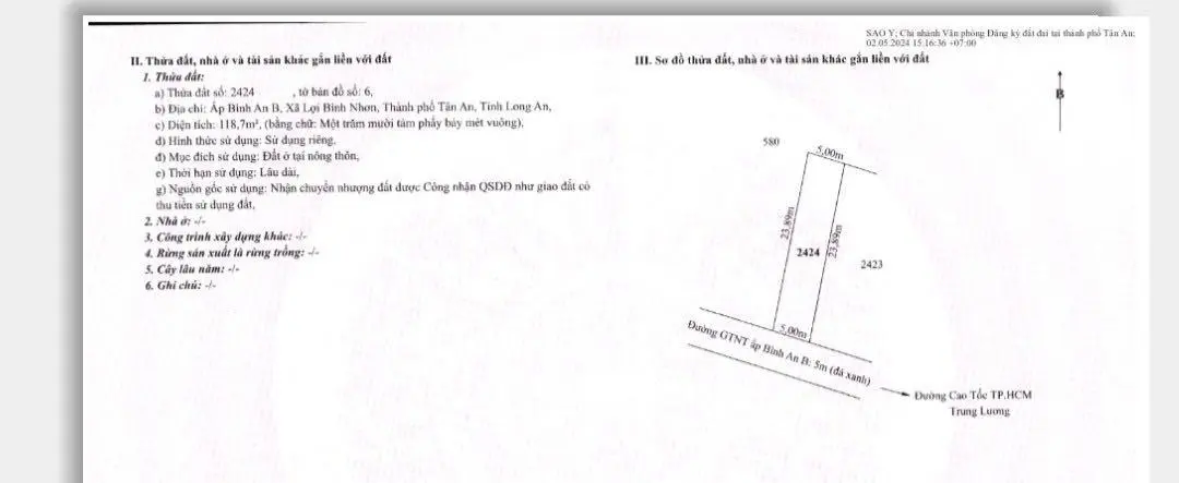 Bán 2 lô thổ, đường 5m, xã Lợi Bình Nhơn, Tp. Tân An, Long An, diện tích: 5 x 23.9m. Giá: 690tr