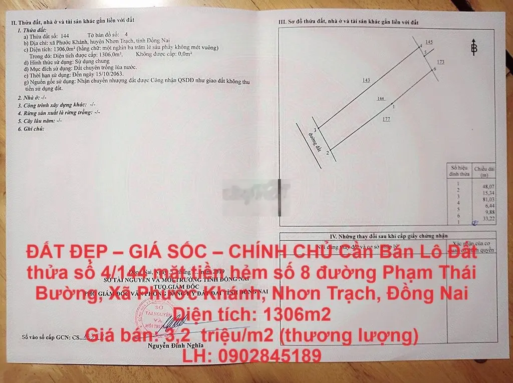 CHÍNH CHỦ Cần Bán Lô Đất Xã Phước Khánh, Nhơn Trạch, Đồng Nai