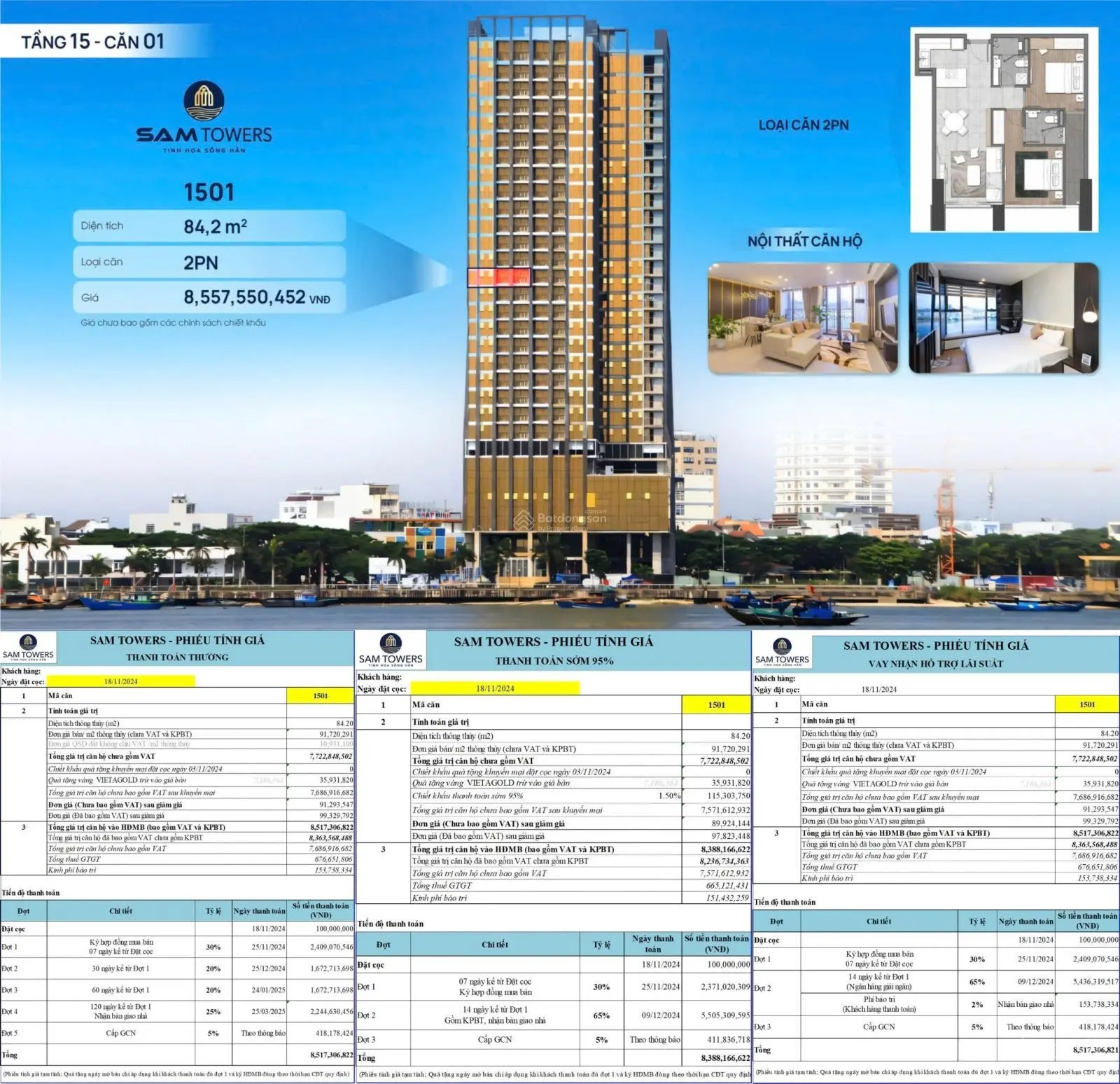 Căn góc 2PN SAM Towers - sống chuẩn thượng lưu - sinh lời tối ưu - trực diện sông - view pháo hoa