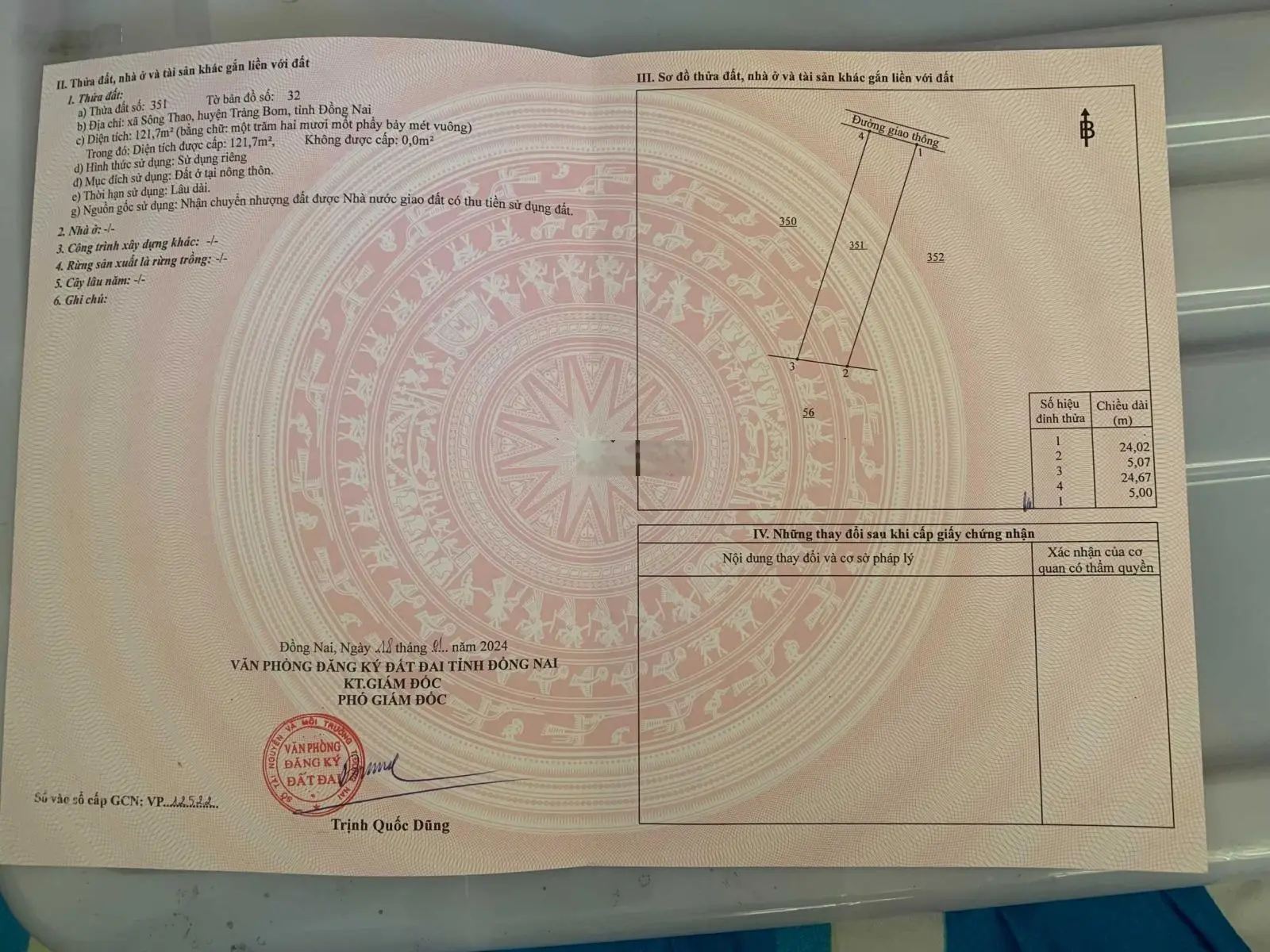 Bán gấp đất thổ cư 100%, chính chủ, Sông Thao, Trảng Bom, Đồng Nai, DT: 5x24=121,7m2