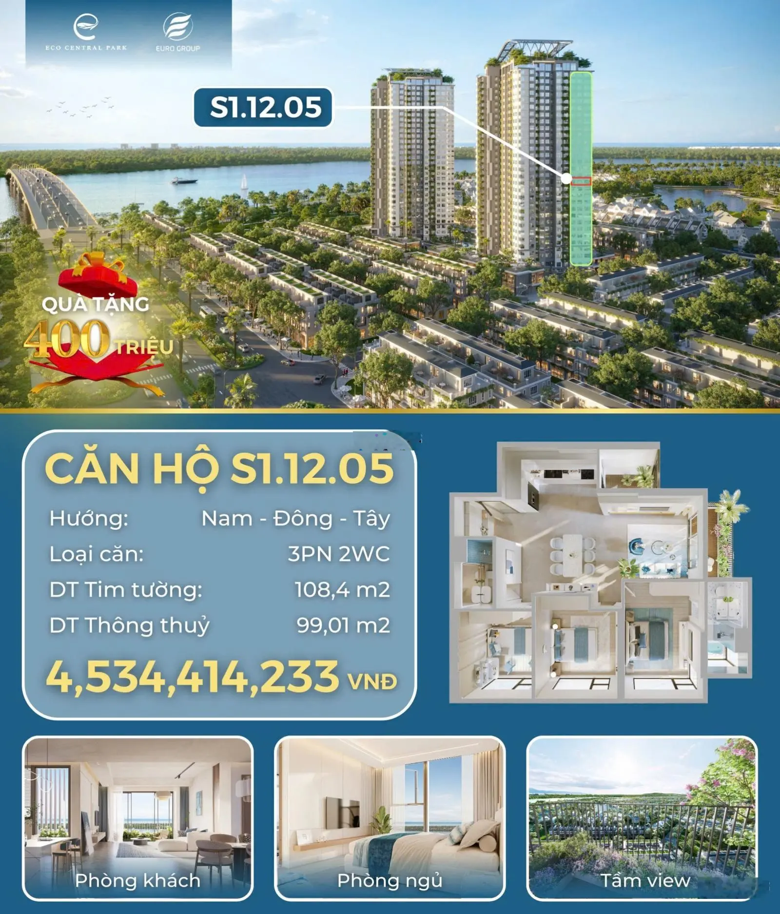 Quỹ căn hộ 3PN chung cư Ecopark Vinh - Chung cư Seaview Residences - Nhận nhà trọn gói chỉ 4,x tỉ