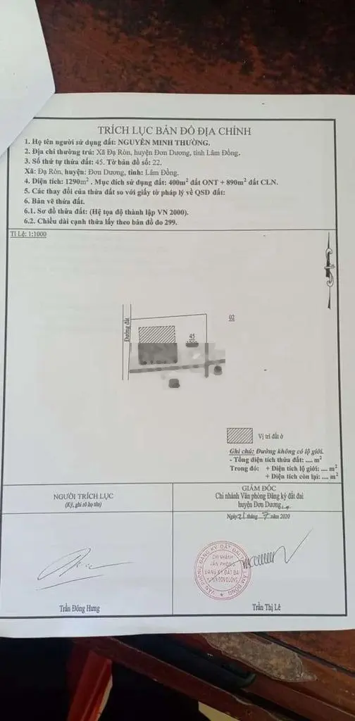 Cần bán gấp 1200m có 400 TC