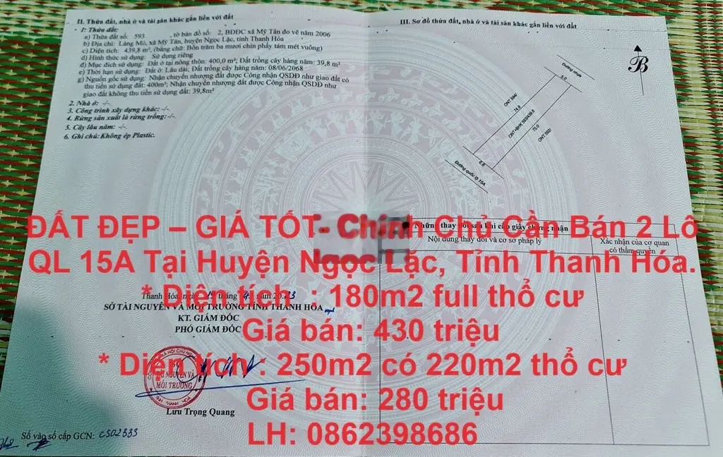 ĐẤT ĐẸP GIÁ TỐT- Chính Chủ Cần Bán 2 Lô QL 15A Tại Ngọc Lặc, Thanh Hóa