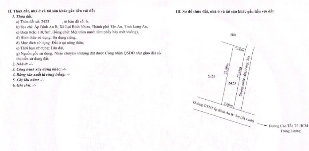 Bán 2 lô thổ, đường 5m, xã Lợi Bình Nhơn, Tp. Tân An, Long An, diện tích: 5 x 23.9m. Giá: 690tr