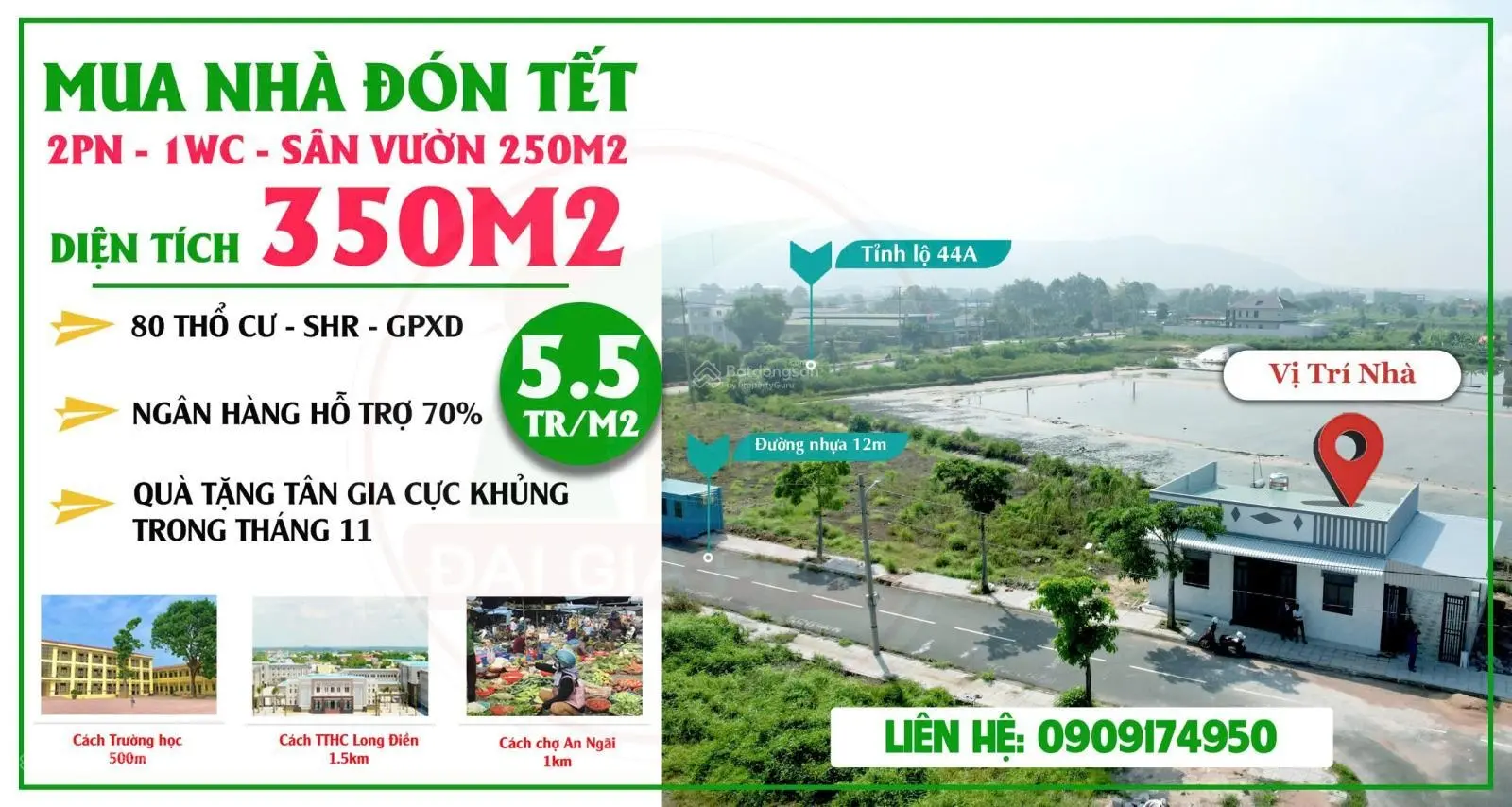 Nhà vườn 350m2 sát Dự Án Gold Coast Long Điền nhựa 12m TC 80 m2 SHR giá 5.5tr/m2