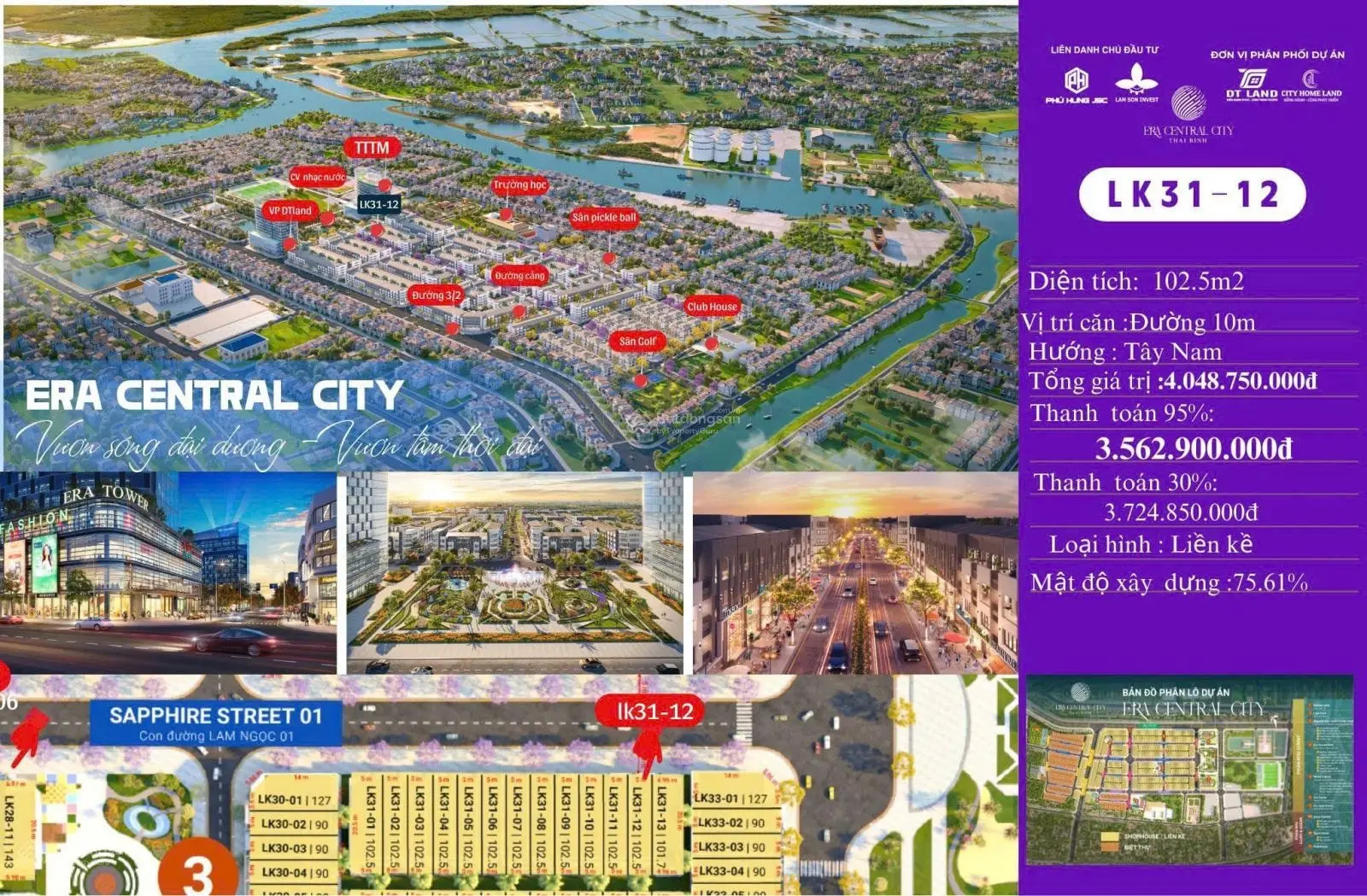 Bán Lô ĐẤT 102.5m2 gần công viên ERACENTRAL CITY DIêm Điền, trục chính nội khu 10m