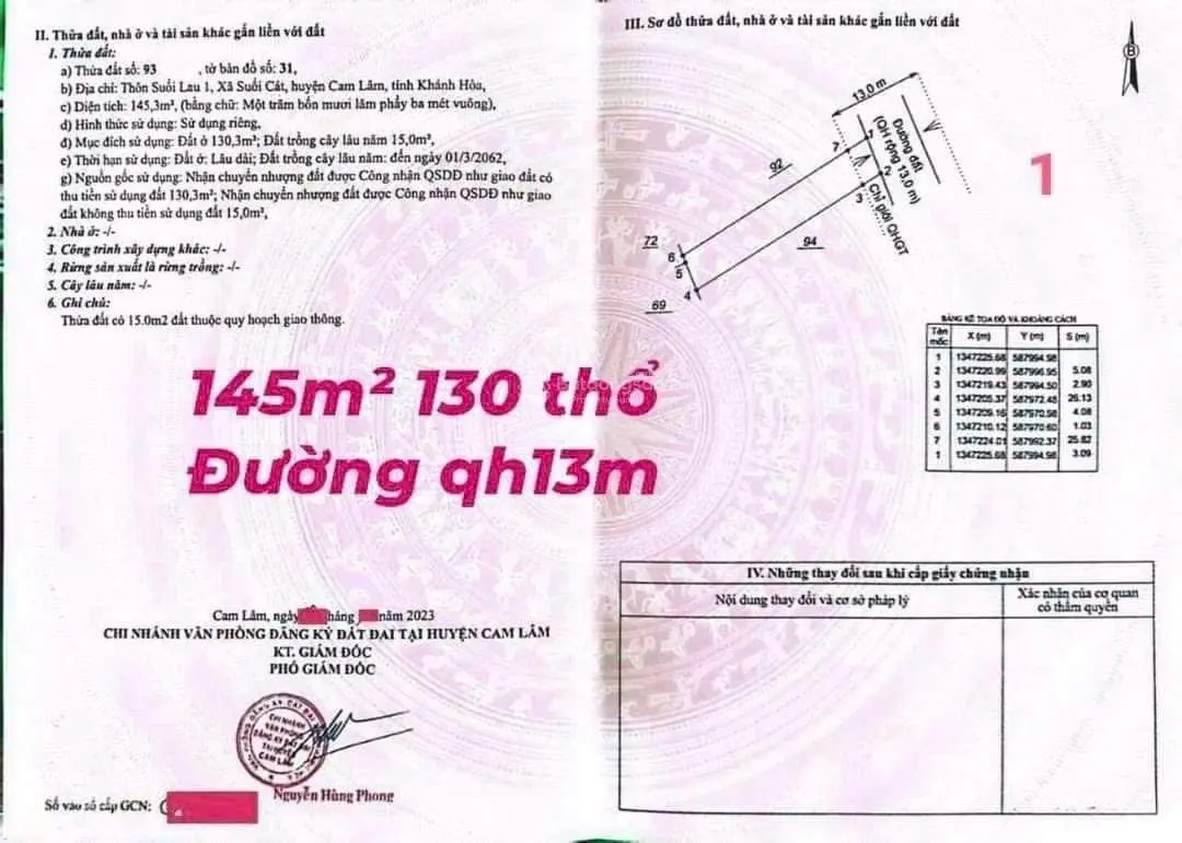 Bán đất thổ cư chính chủ ngay điểm xuống cao tốc tại Suối Cát, Cam Lâm, Khánh Hoà