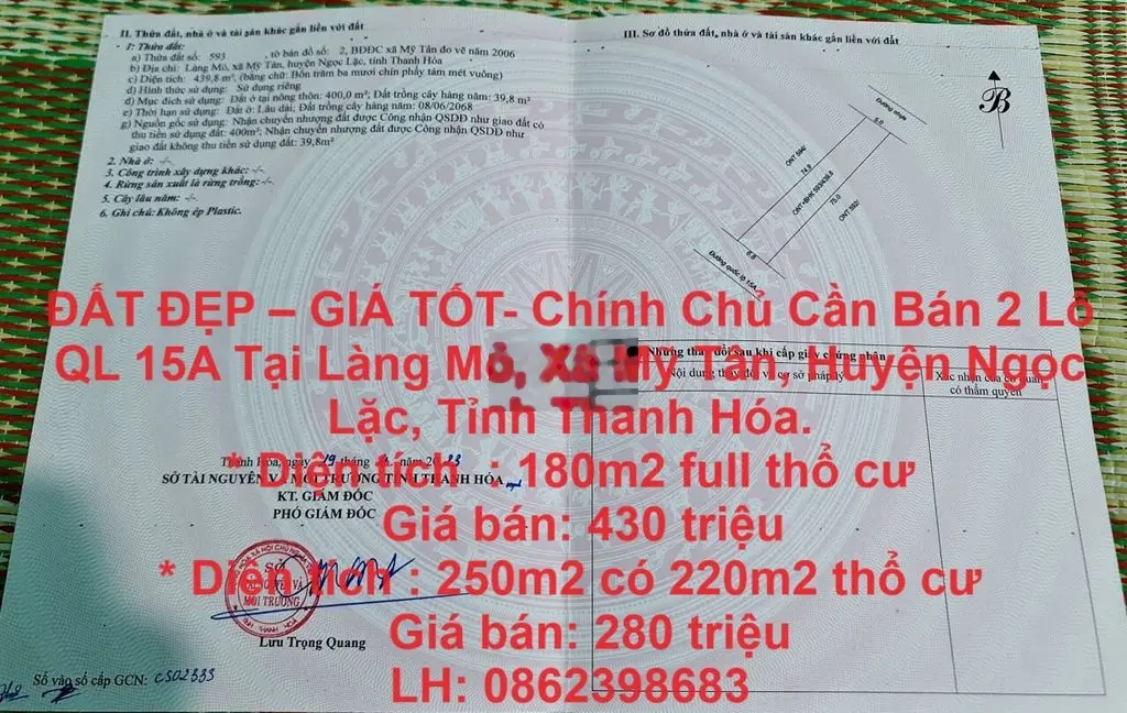 ĐẤT ĐẸP GIÁ TỐT- Chính Chủ Cần Bán 2 Lô QL 15A Tại Ngọc Lặc, Thanh Hóa