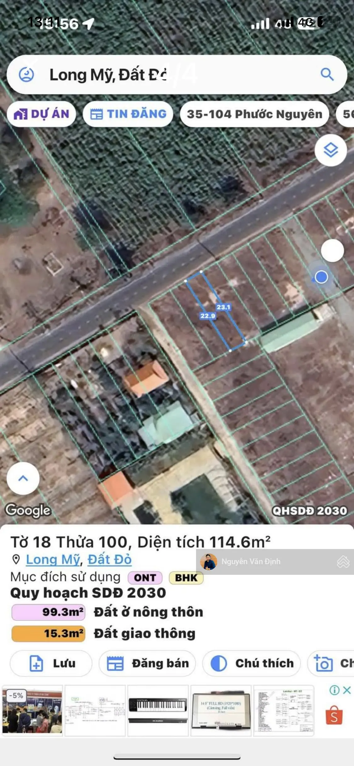 Long Mỹ -Đất Đỏ Dt:5x23 có 100m thổ cư Giá 980tr