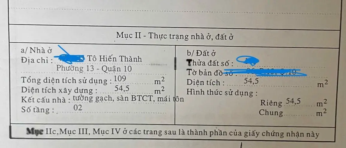 Bán nhà hẻm 131 Tô Hiến Thành Q10 10,19 tỷ 54,5m2 hẻm rộng, thông, nhà nở hậu, chính chủ SHR, có TL