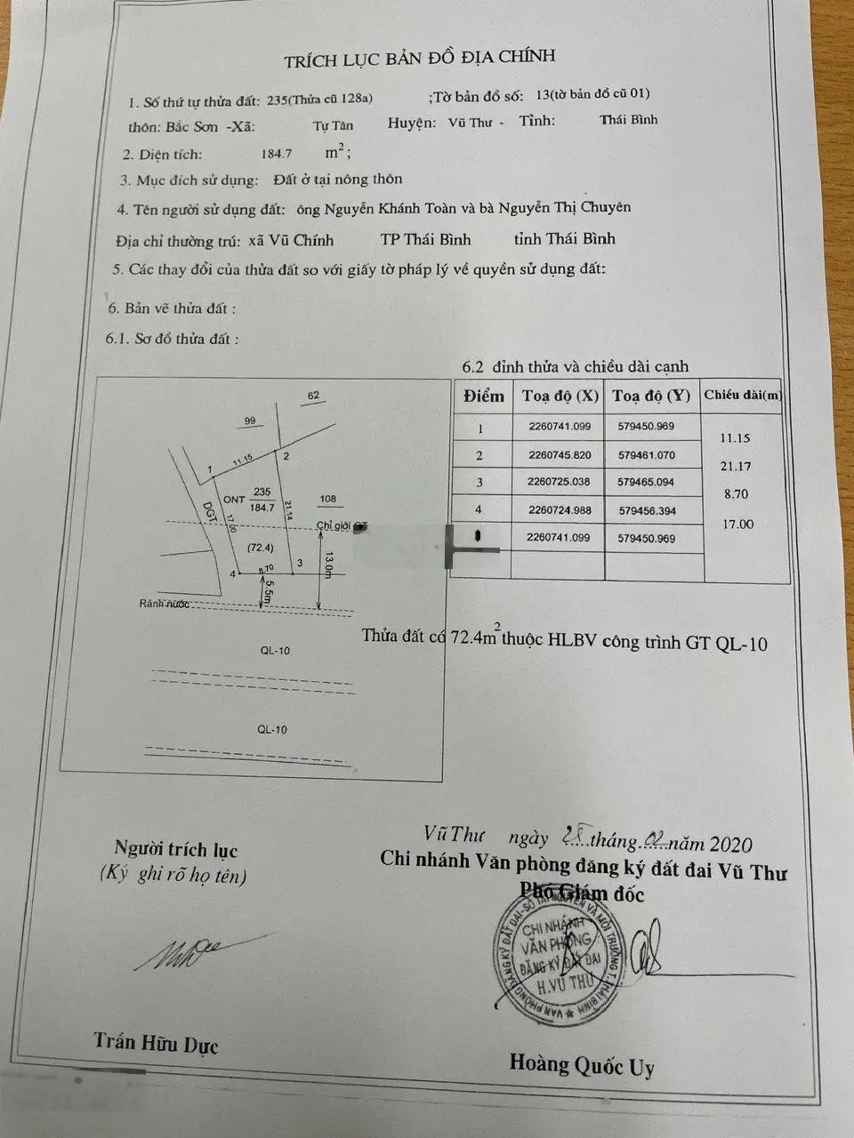 Bán 410m2 đất mặt đường QL10A địa phận xã Tự Tân - Vũ Thư - Thái Bình