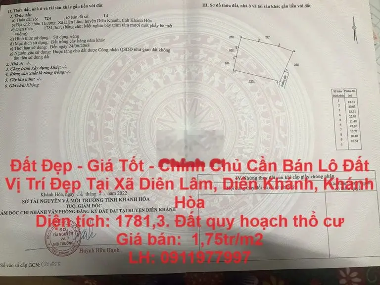 Chủ Cần Bán Lô Đất Vị Trí Đẹp Tại Xã Diên Lâm, Diên Khánh, Khánh Hòa