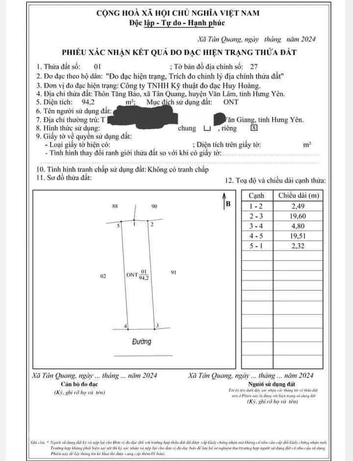 Bán đất Tân Quang - Văn Lâm - Hưng Yên, DT 94m2 giá 43tr/m2