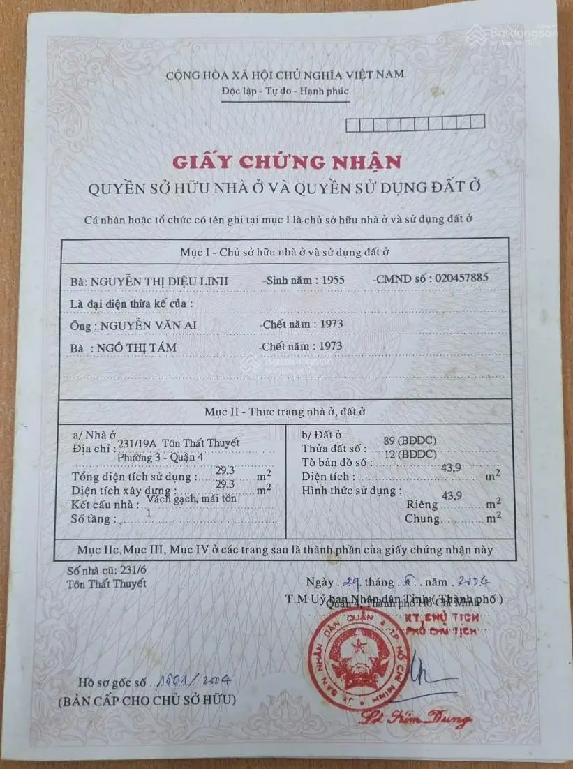 Nhà bán 231/19A Tôn Thất Thuyết, P3, Quận 4, 44m2 đất, 2 mặt tiền trước sau, dân cư chỉnh trang !