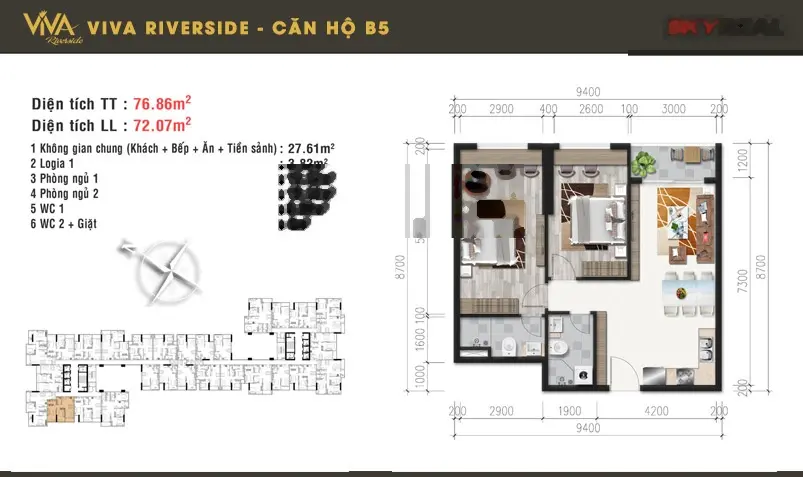 Cần bán gấp căn hộ chung cư Viva Riverside, Q. 6, 75m2, 2PN, giá 3,4 tỷ, nhà đẹp