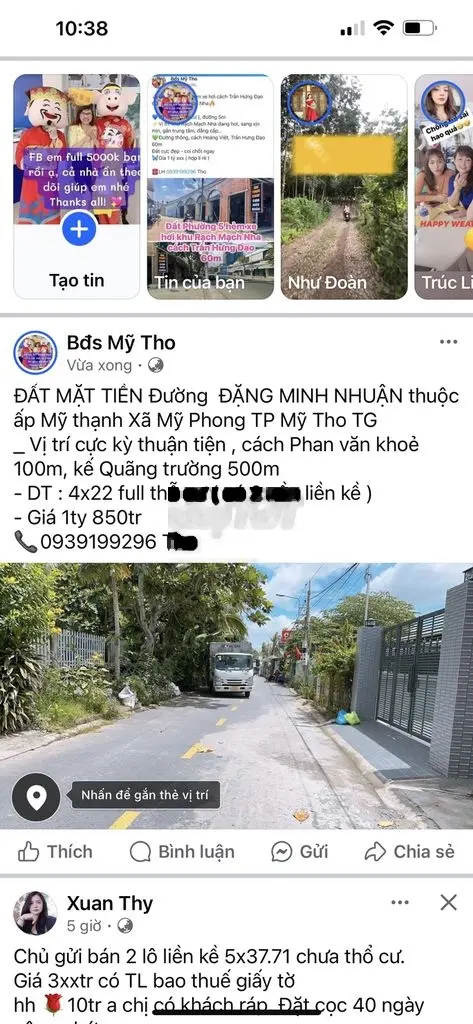 Đất mặt tiền Đường Huyện 92A - Đạo Thạnh 6m