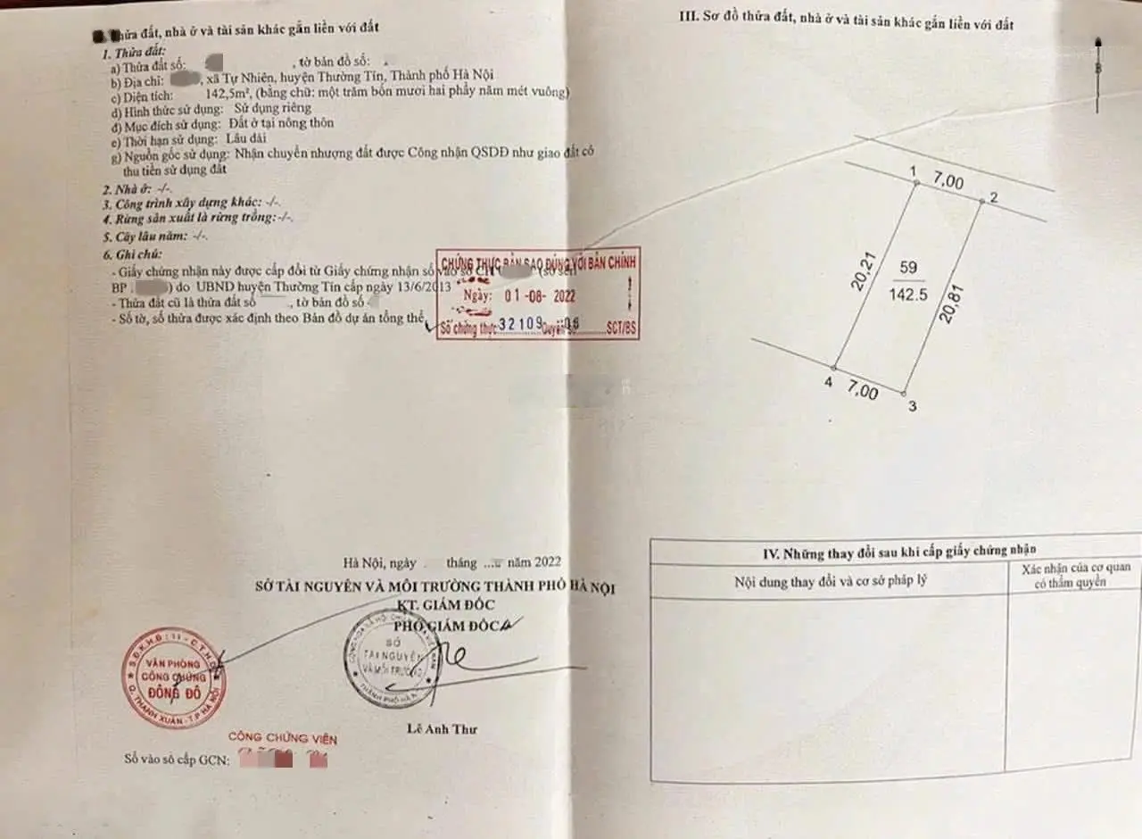 Chính chủ gửi bán lô đất 142m2 thổ cư đội 3 tự nhiên, thường tín, hà nội.