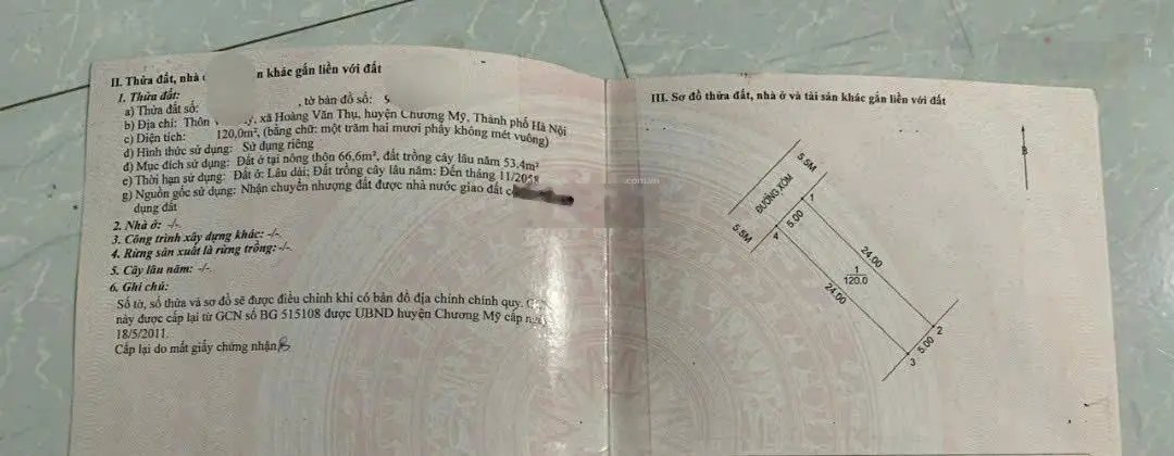 Bán nhanh mảnh đất 120m, mặt tiền 5m,TĐC Văn Mỹ, Chương Mỹ trục đường gần 5.5m, chỉ nhỉnh 10tr/1m2