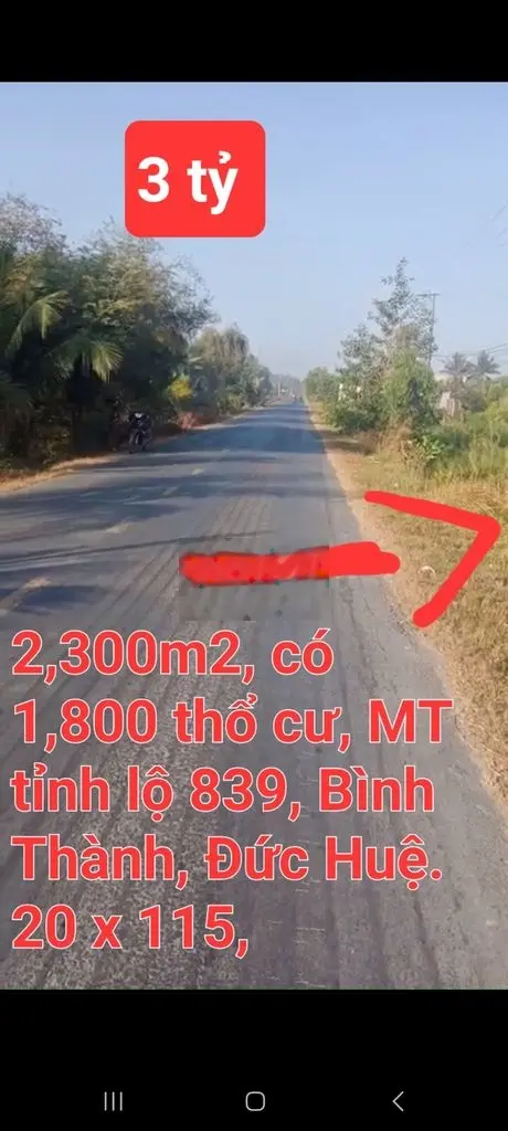 Bán 2,300m2 có 1,800 thổ cư, MT TL 839, Bình Thành, Đức Huệ, LA