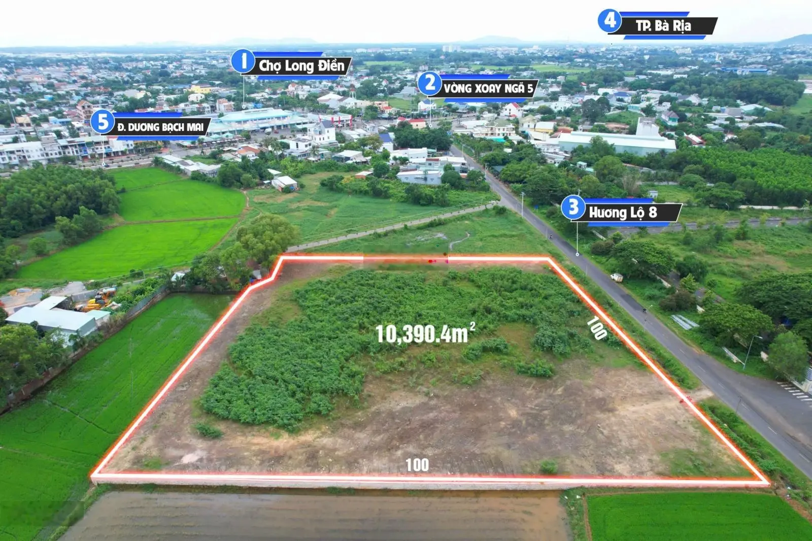 Bán 10,000 m2 vòng xoay chợ Long Điền MT đất 100m Đ. Nhựa 16 m có 960 ODT giá 5,1 tr/m2