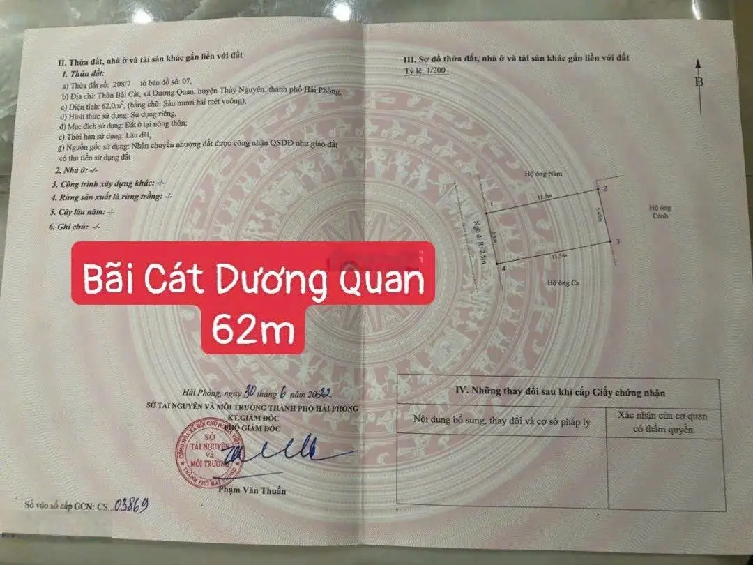 Chào bán lô đất thôn Bái Cát Dương quan 62m2 giá mềm ạ