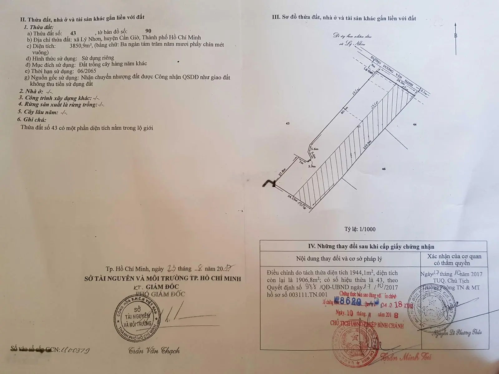 Có sẵn 1000m2 thổ cư mặt tiền Dương Văn Hạnh đất DT 34 x 113 = 3850m2, xã Lý Nhơn