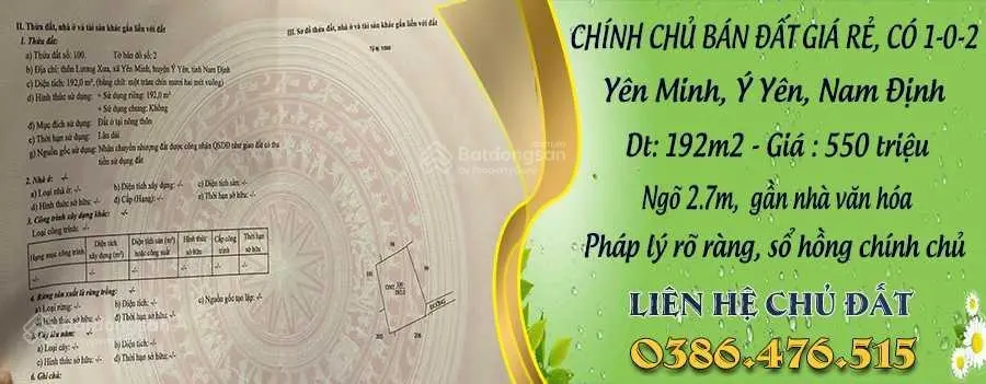 Chính chủ bán lô đất giá rẻ, có 1-0-2 tại yên minh, ý yên, nam định