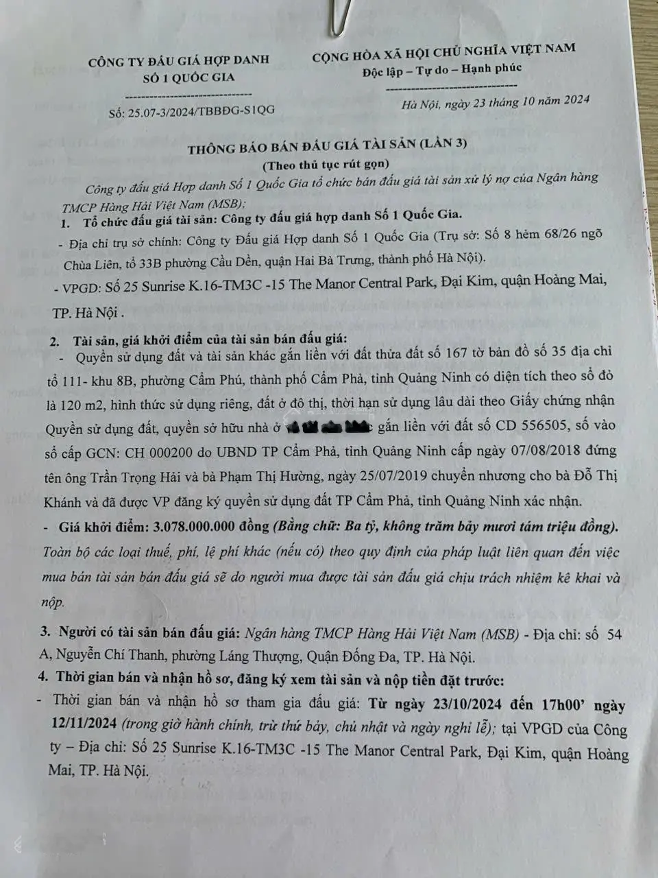 Công ty đấu giá hợp danh số 1 Quốc Gia thông báo bán đấu giá tài sản