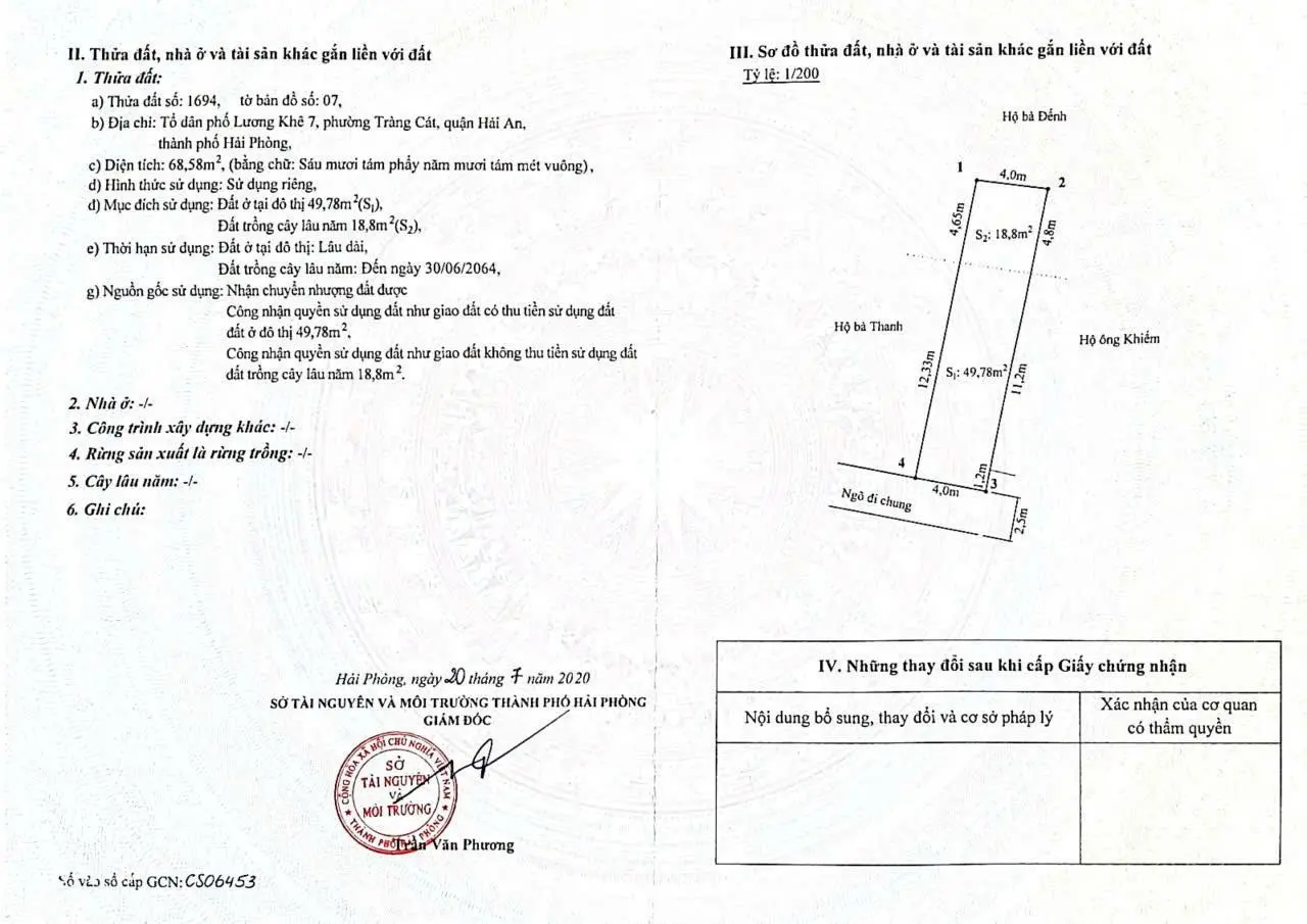 Bán gấp lô đất tại ngõ 216 Cát Linh, Tràng Cát dt 68,58m2 ngõ rộng 2,5m giá chỉ 1 tỷ180tr