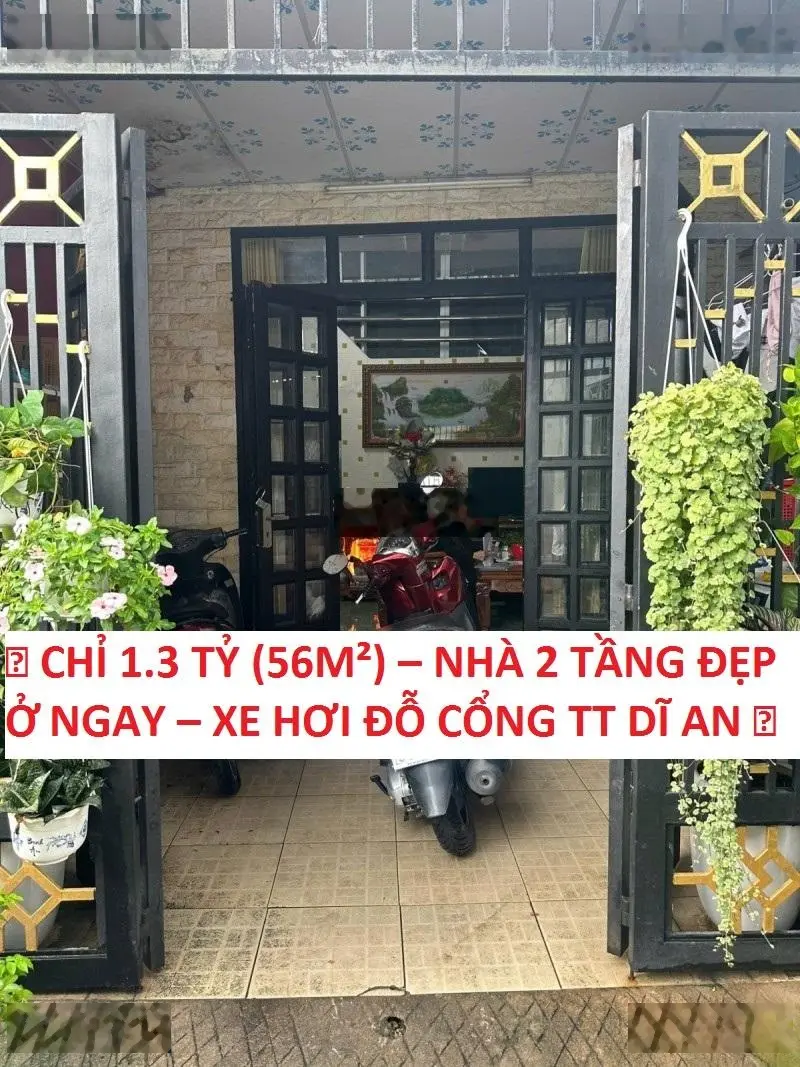 Chỉ 1.3 tỷ (56m) nhà 2 tầng đẹp ở ngay xe hơi đỗ cổng tt dĩ an