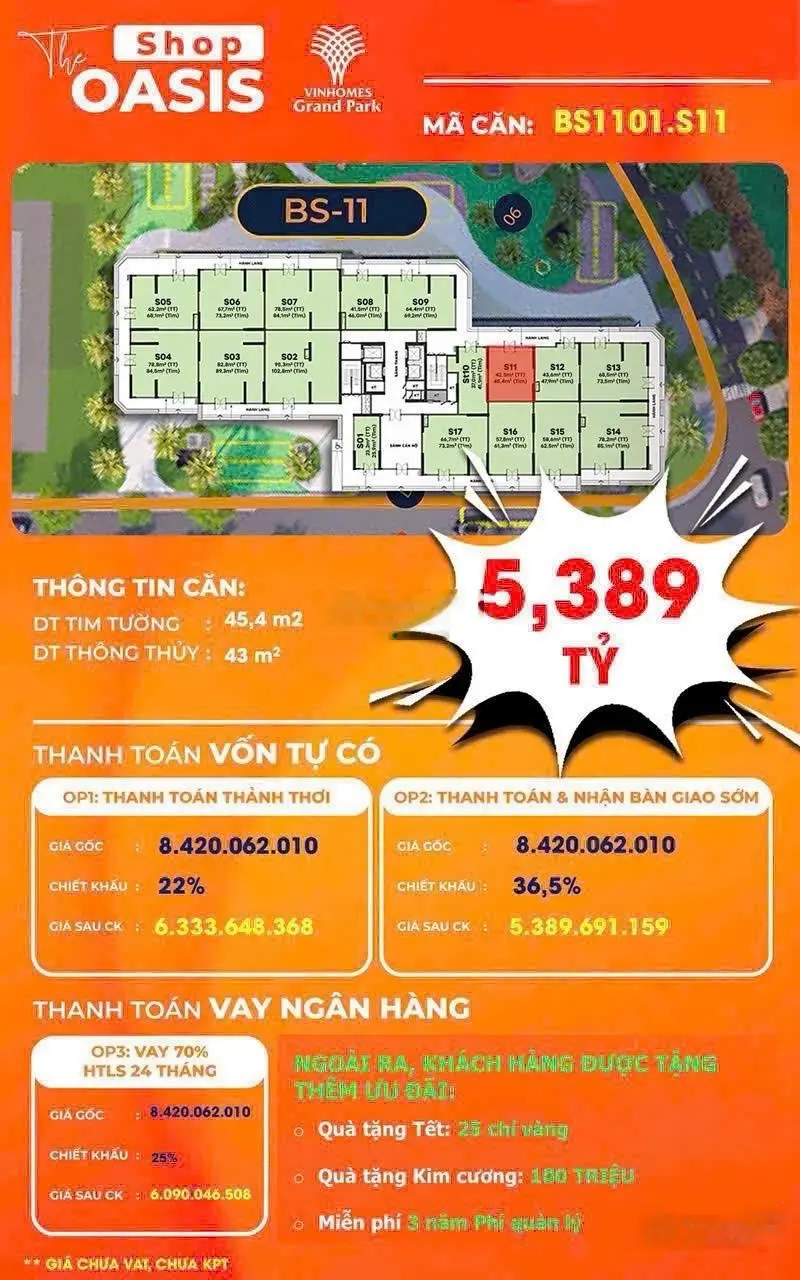 Bán SH Vinhomes Grand Park,tặng 25 chỉ vàng và kim cương 100tr,chiết khấu 36,5% giá 5,389 tỷ,45,4m2