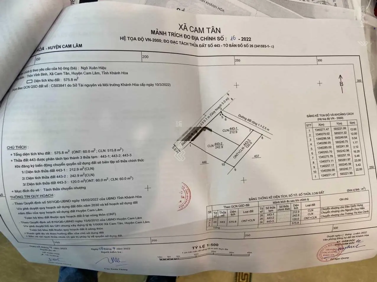 Đất thổ cư 2 mặt tiền xã Cam Tân, Cam Lâm, Khánh Hòa, đường bê tông 5m, gần QL1A