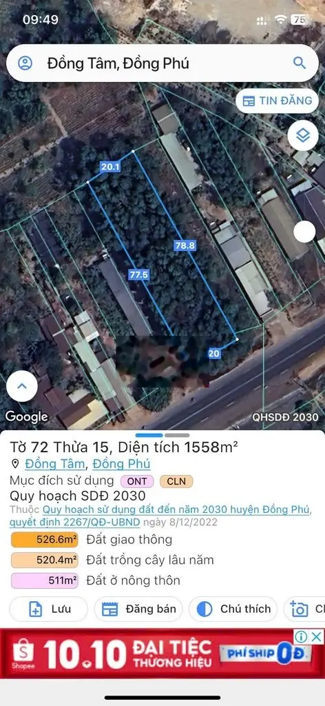 Cần bán đất Xã Đồng Tâm .Đồng Phú DT.20 X 78 . DT.1.558mv Giá.4.tr500